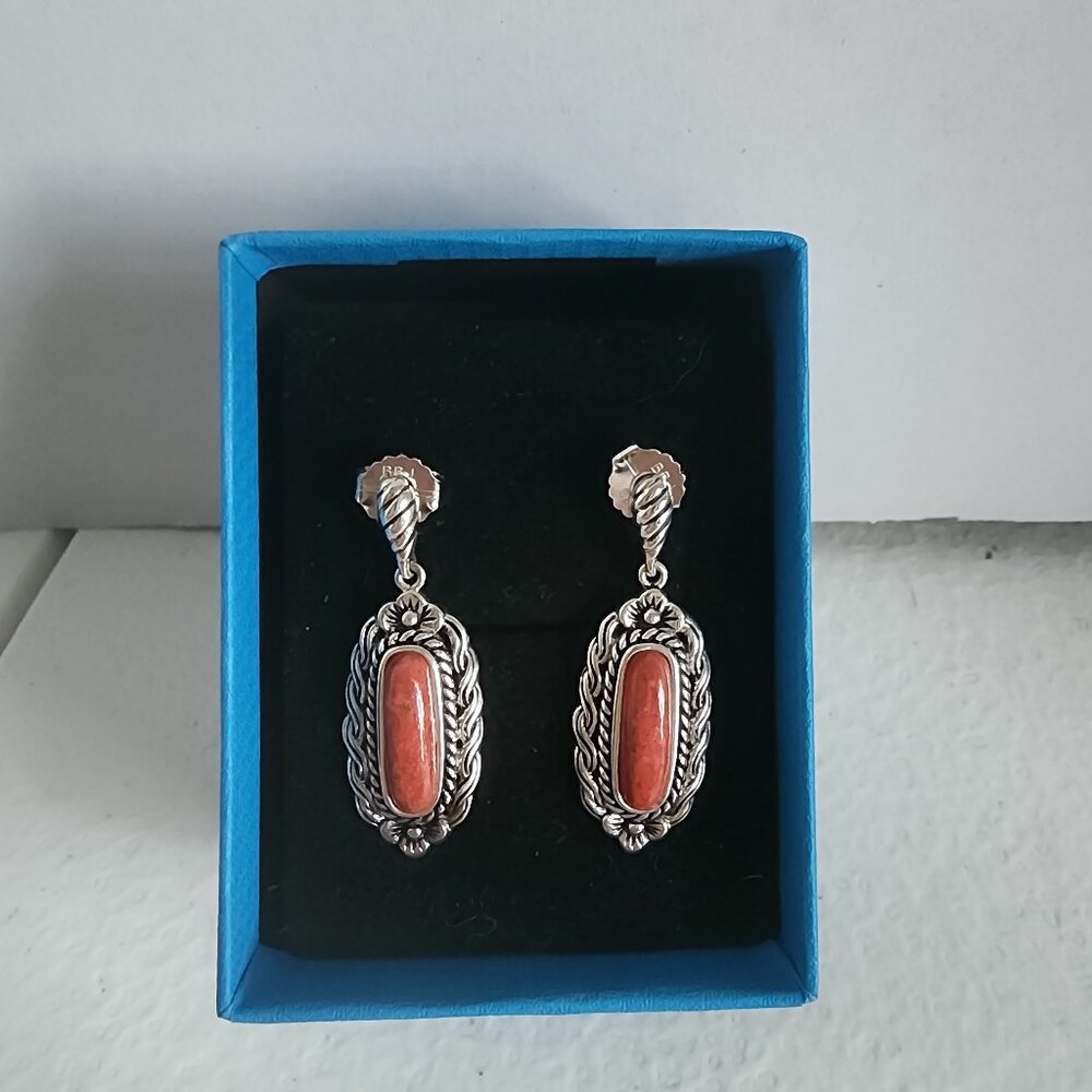 Red Coral Sterling Silver Drop Earrings 14x4mm Cabochon Priced to Sell!